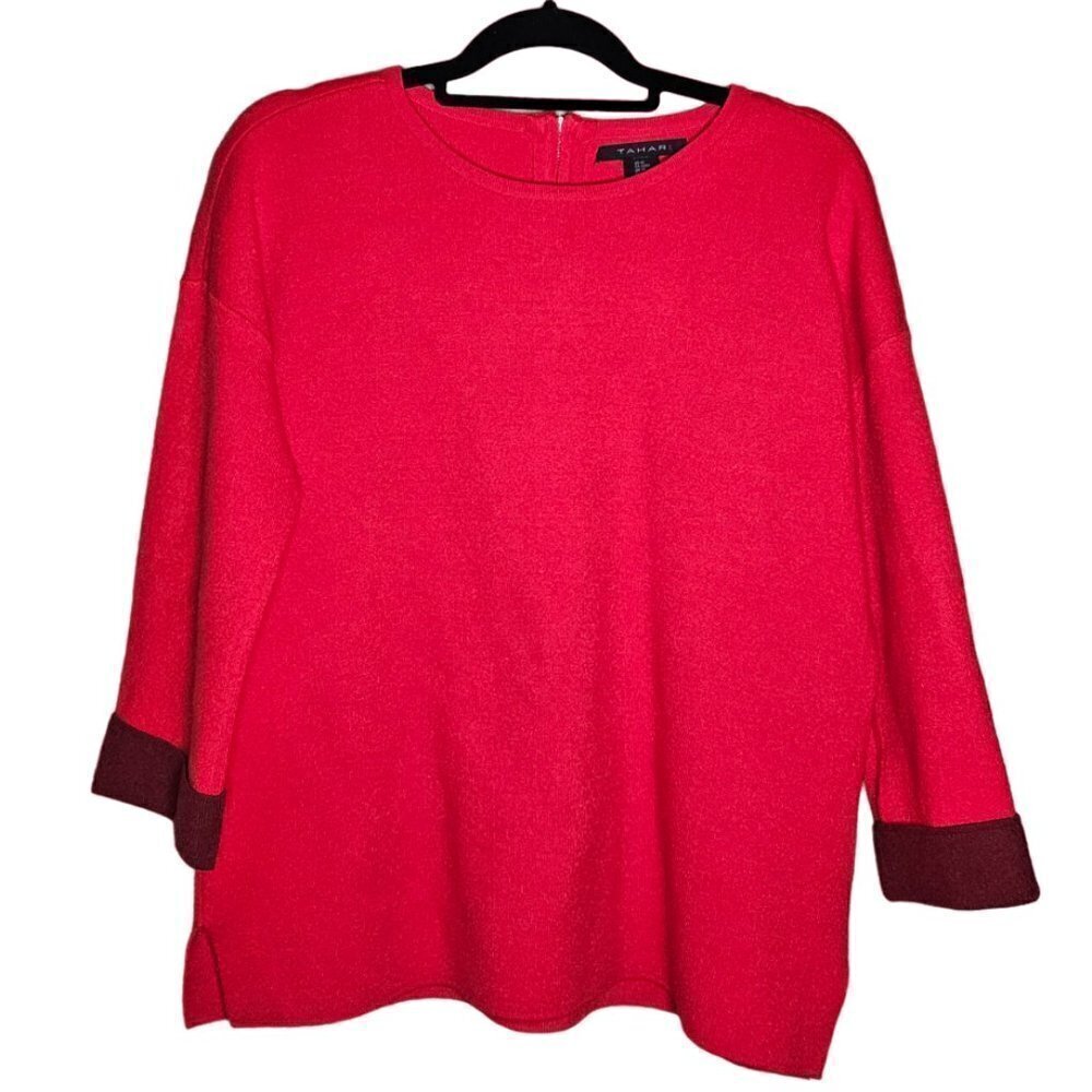 Tahari Womens M Sweater Red Burgundy Trim Soft Valentine's Day Romantic Feminine
